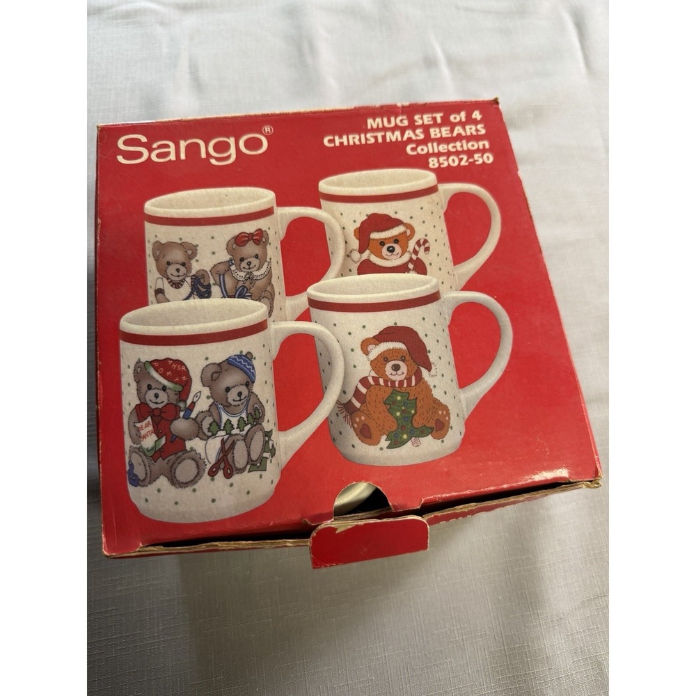 Sango Christmas Teddy Bears Ceramic Holidays Mugs Boxed 4‎ pc. Set 8502-50